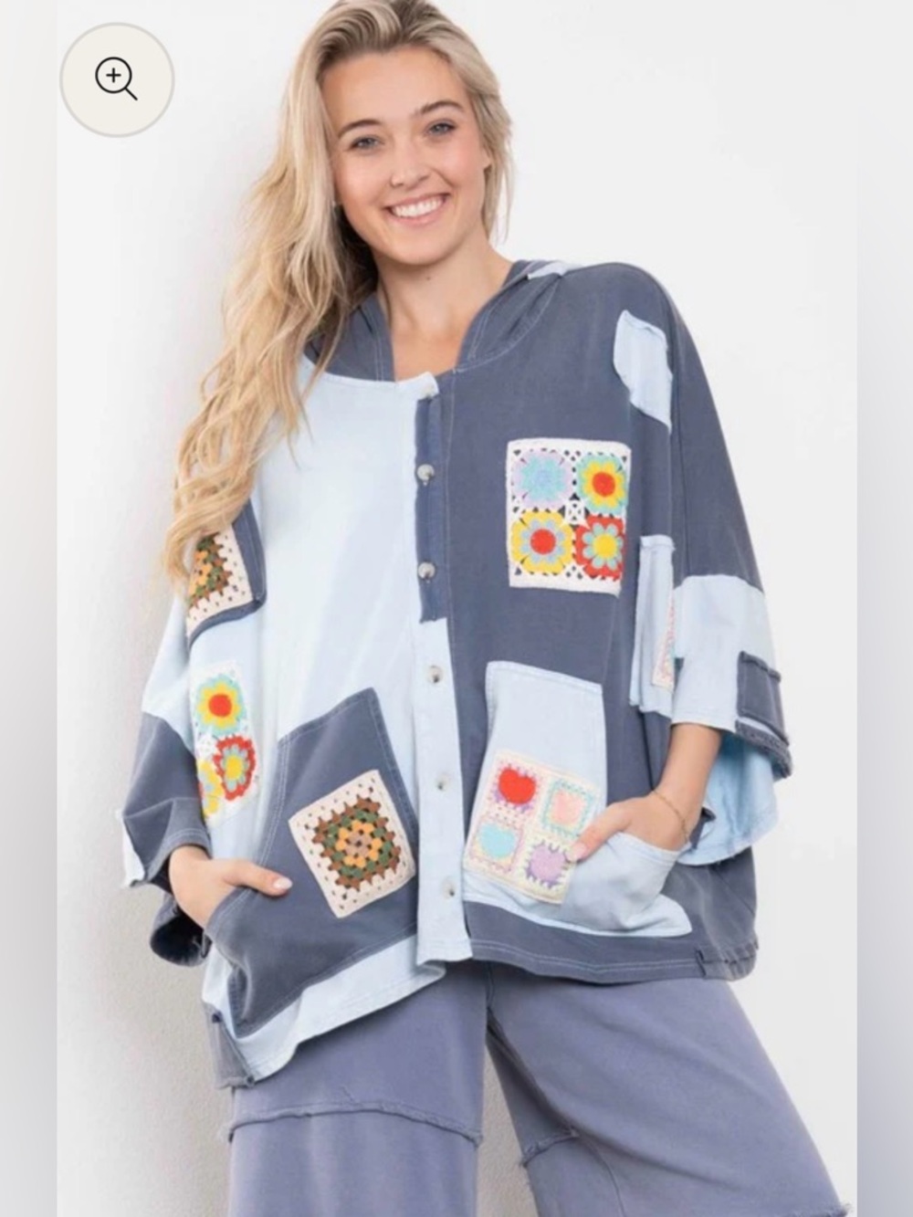 Boho Patchwork Crochet Pocket Hoodie - Gray & Light Blue - Picture 5 of 5